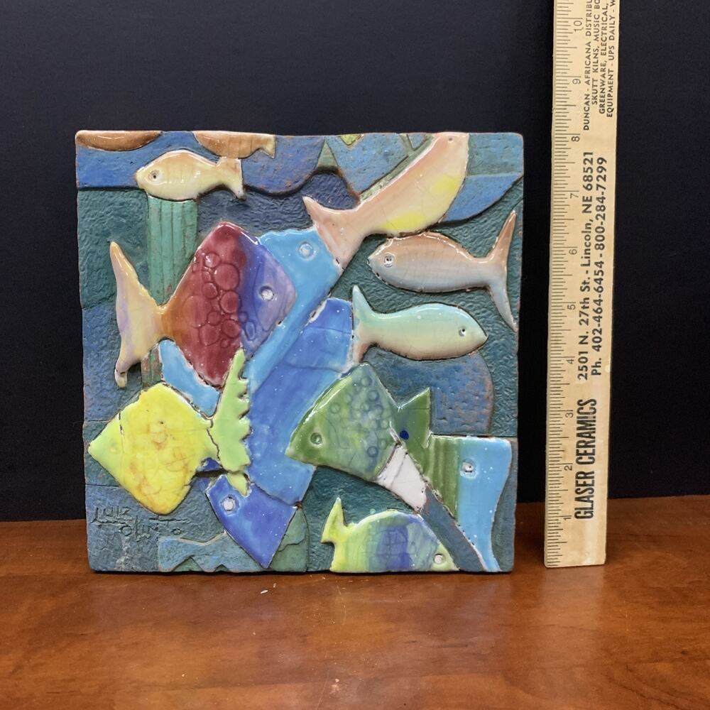Original Brazilian Abstract Fish Art Tile Painting by Luiz Olinto Hand Made
